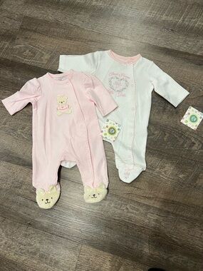 NWT Little Me Baby Girls Pink and White Footsie Pajama Sleepers - 2 Pack